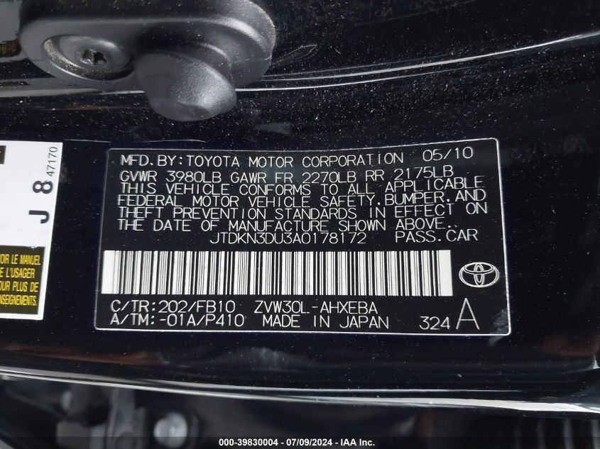 2010 Toyota Prius VIN: JTDKN3DU3A0178172 Lot: 39830004