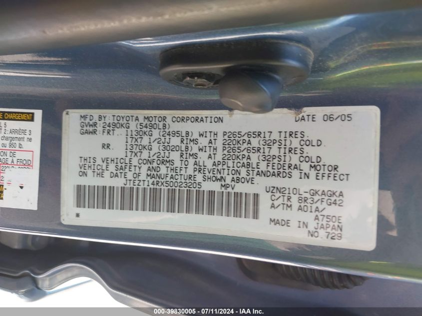 2005 Toyota 4Runner Sr5 V8 VIN: JTEZT14RX50023205 Lot: 39830005