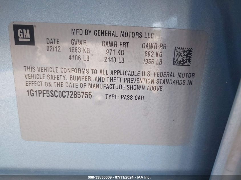 2012 Chevrolet Cruze 1Lt VIN: 1G1PF5SC0C7285756 Lot: 39830009