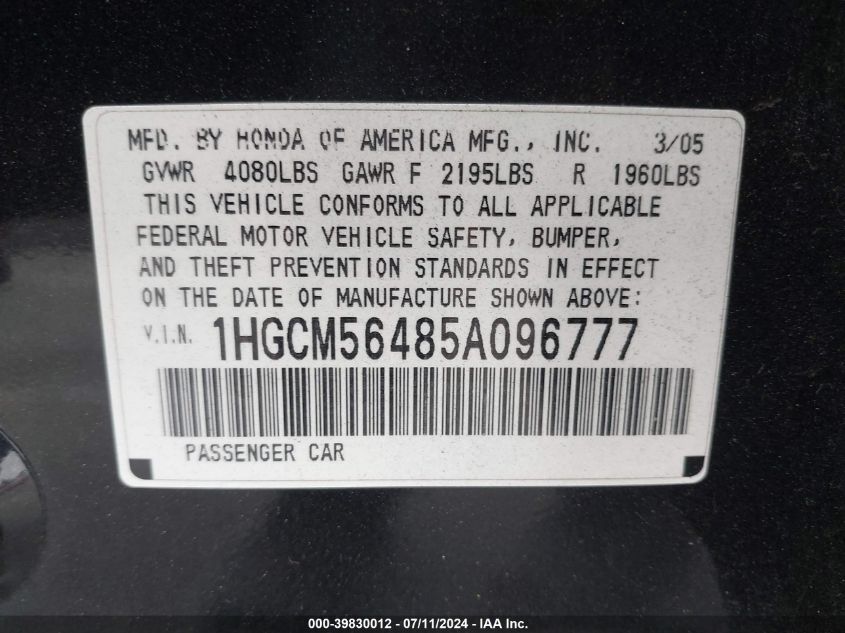 2005 Honda Accord 2.4 Lx VIN: 1HGCM56485A096777 Lot: 39830012