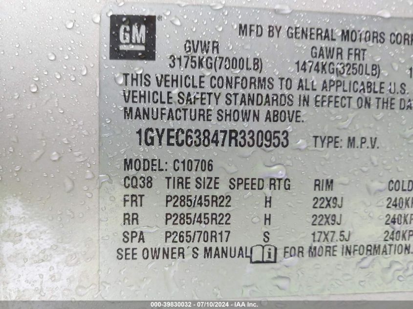 2007 Cadillac Escalade Luxury VIN: 1GYEC63847R330953 Lot: 39830032