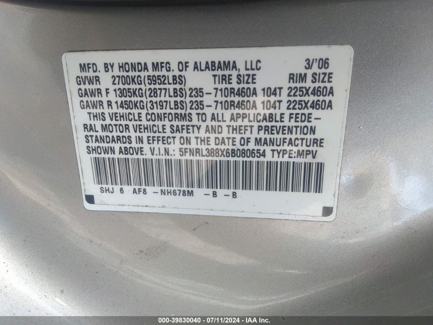 2006 Honda Odyssey Touring VIN: 5FNRL388X6B080654 Lot: 39830040