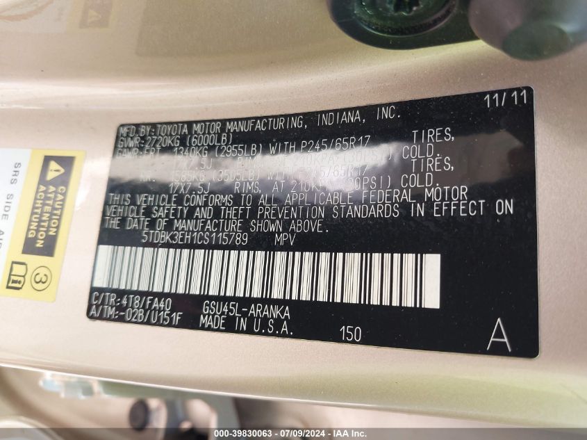 2012 Toyota Highlander Base V6 VIN: 5TDBK3EH1CS115789 Lot: 39830063