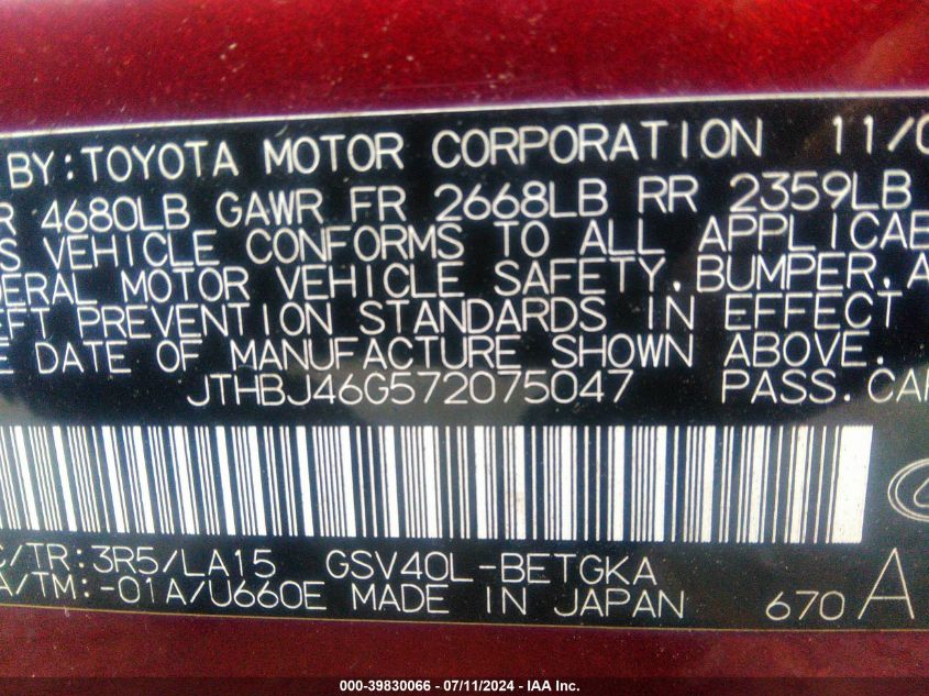 2007 Lexus Es 350 VIN: JTHBJ46G572075047 Lot: 39830066