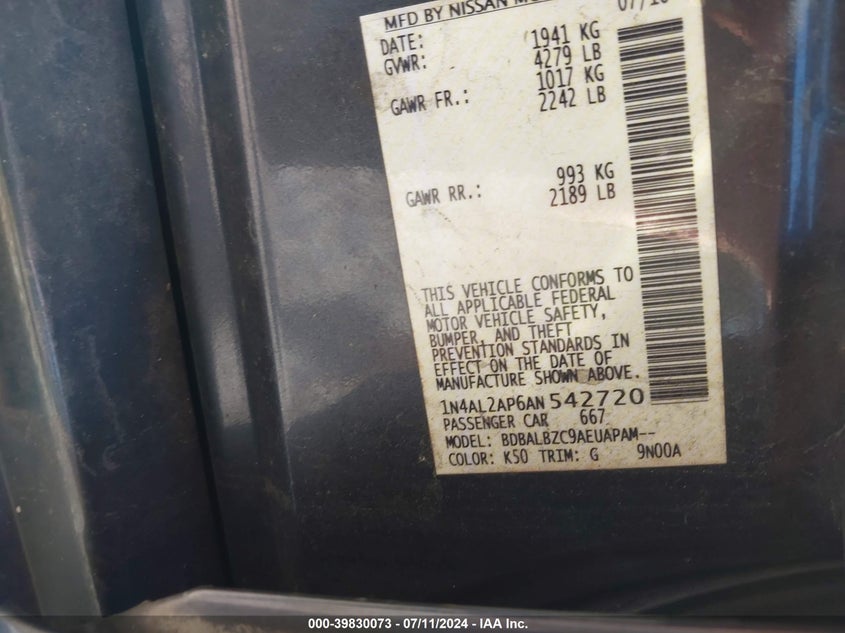 2010 Nissan Altima 2.5 S VIN: 1N4AL2AP6AN542720 Lot: 39830073