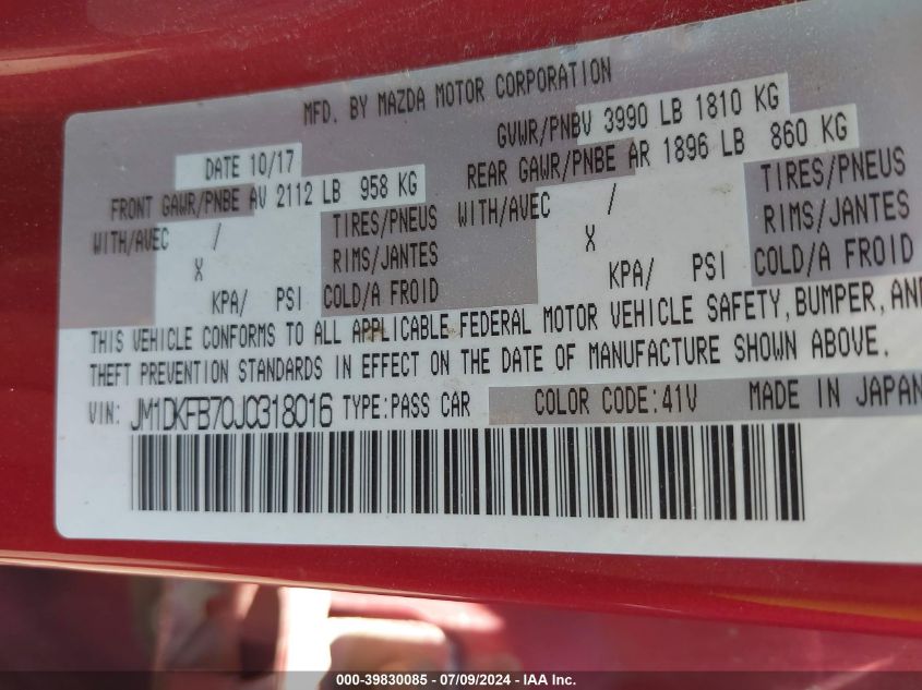 2018 Mazda Cx-3 Sport VIN: JM1DKFB70J0318016 Lot: 39830085