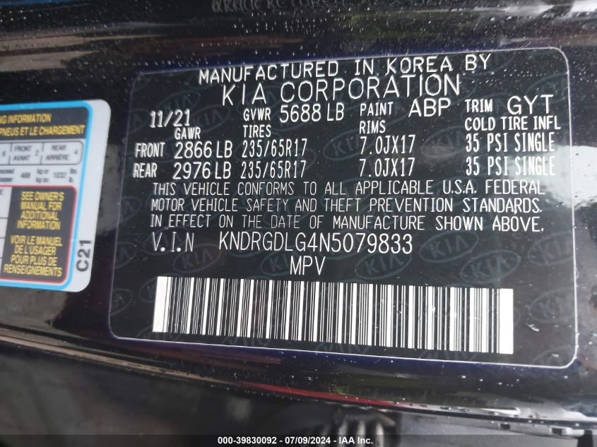 2022 Kia Sorento Hybrid S VIN: KNDRGDLG4N5079833 Lot: 39830092