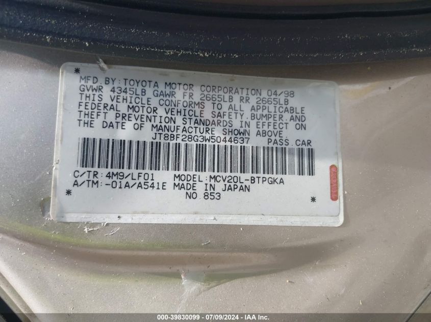 1998 Lexus Es 300 VIN: JT8BF28G3W5044637 Lot: 39830099