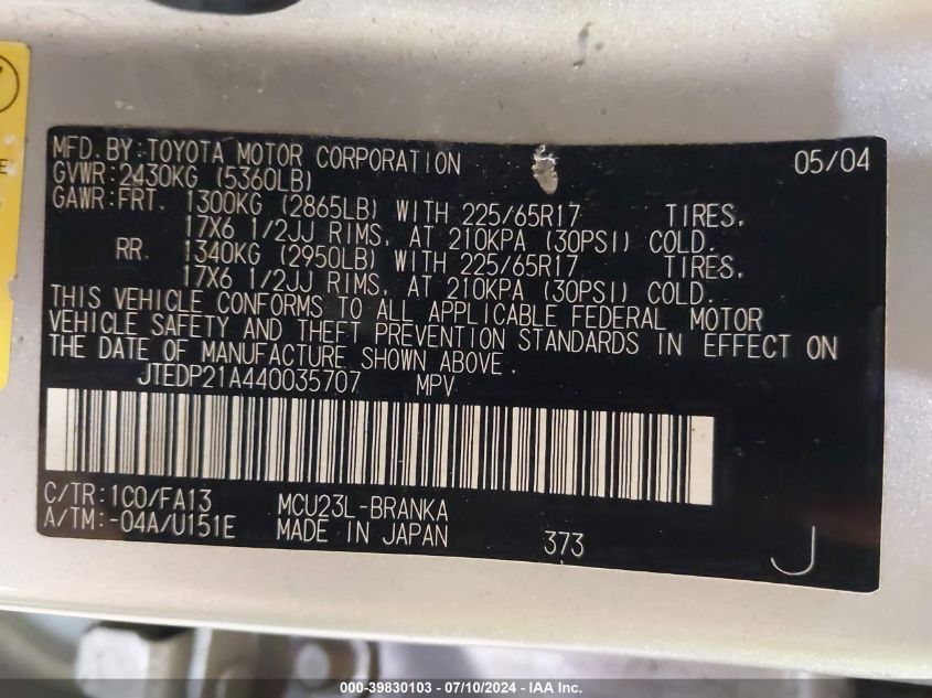 2004 Toyota Highlander Limited VIN: JTEDP21A440035707 Lot: 39830103