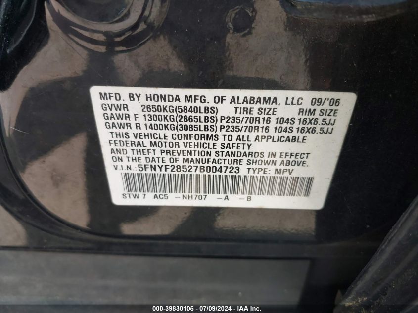 2007 Honda Pilot Ex-L VIN: 5FNYF28527B004723 Lot: 39830105