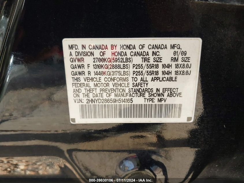 2009 Acura Mdx Technology Package VIN: 2HNYD28659H514165 Lot: 39830106