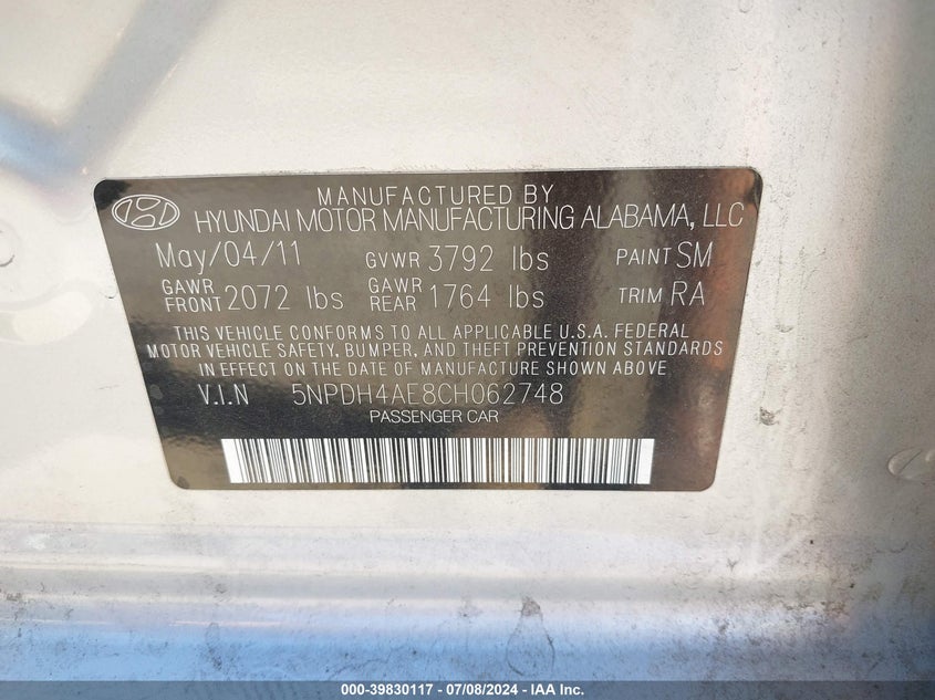 2012 Hyundai Elantra Gls VIN: 5NPDH4AE8CH062748 Lot: 39830117