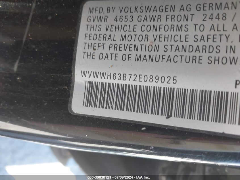 2002 Volkswagen Passat Glx VIN: WVWWH63B72E089025 Lot: 39830121