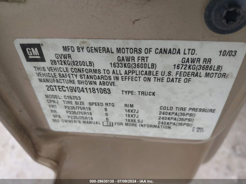 2004 GMC Sierra 1500 Sle VIN: 2GTEC19V041181063 Lot: 39830135