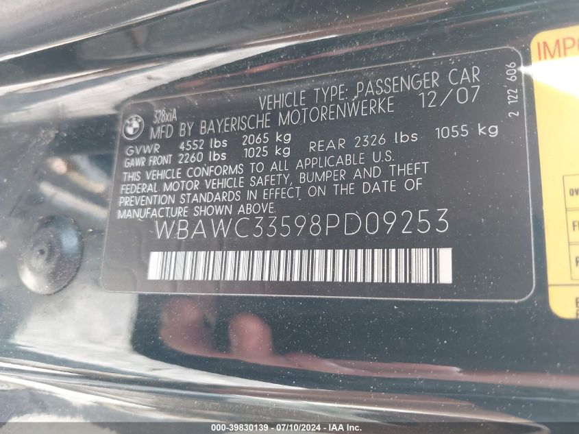 2008 BMW 328Xi VIN: WBAWC33598PD09253 Lot: 39830139