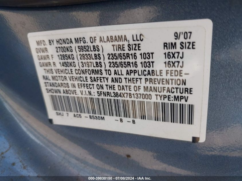 2007 Honda Odyssey Ex VIN: 5FNRL384X7B137000 Lot: 39830150