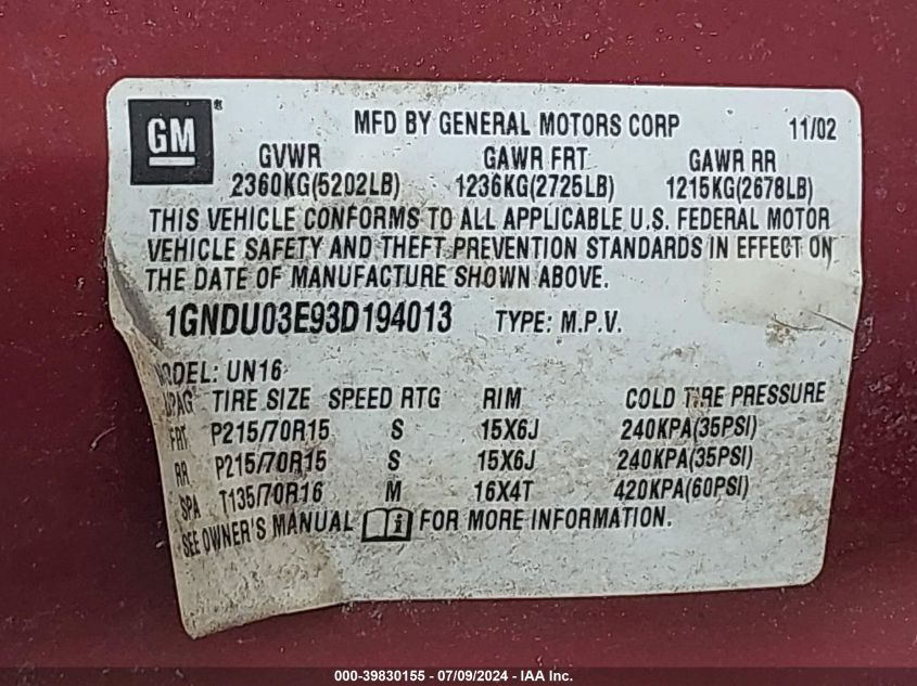 2003 Chevrolet Venture VIN: 1GNDU03E93D194013 Lot: 39830155