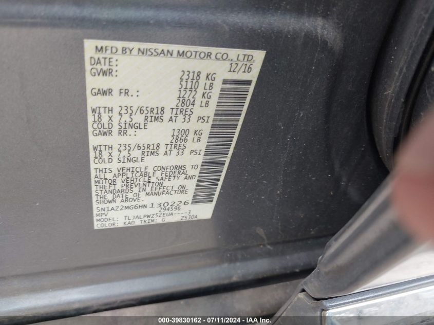 2017 Nissan Murano S VIN: 5N1AZ2MG6HN130226 Lot: 39830162