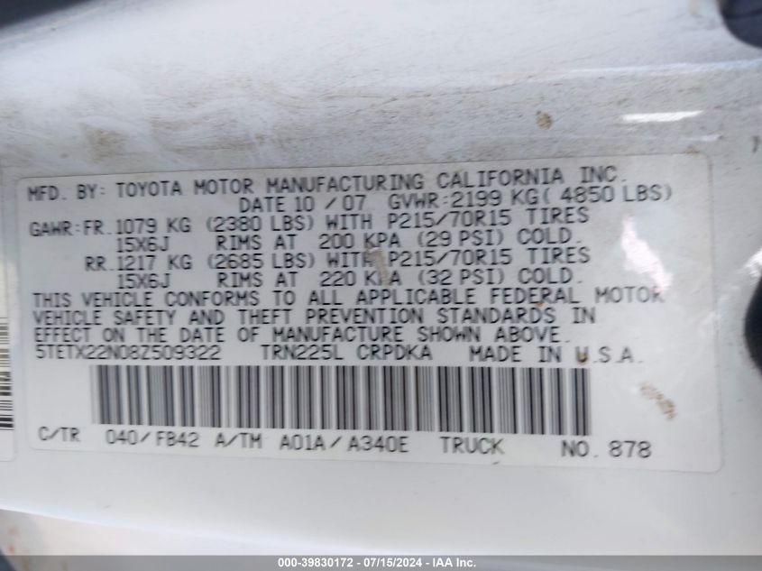 2008 Toyota Tacoma VIN: 5TETX22N08Z509322 Lot: 39830172