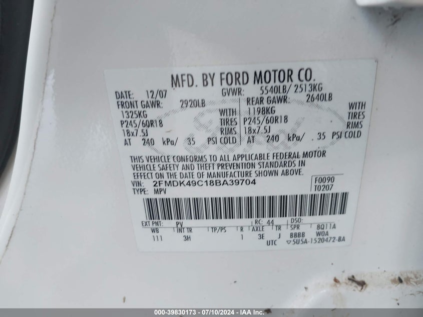 2008 Ford Edge Limited VIN: 2FMDK49C18BA39704 Lot: 39830173