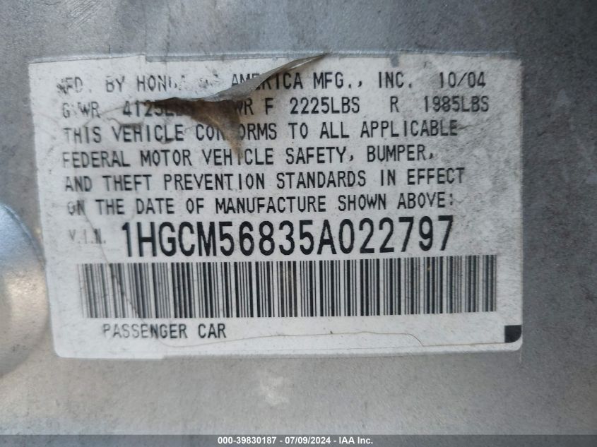 2005 Honda Accord 2.4 Ex VIN: 1HGCM56835A022797 Lot: 39830187