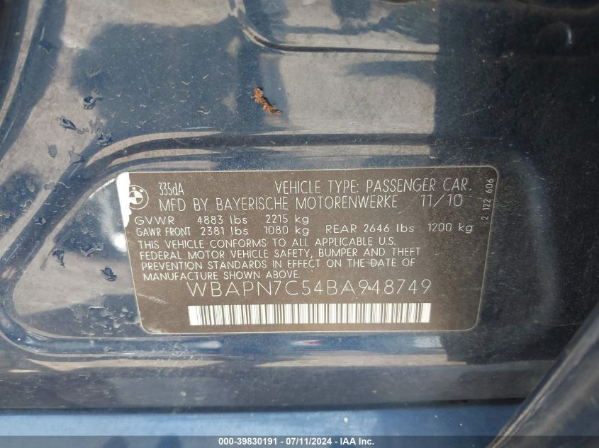 2011 BMW 335D VIN: WBAPN7C54BA948749 Lot: 39830191