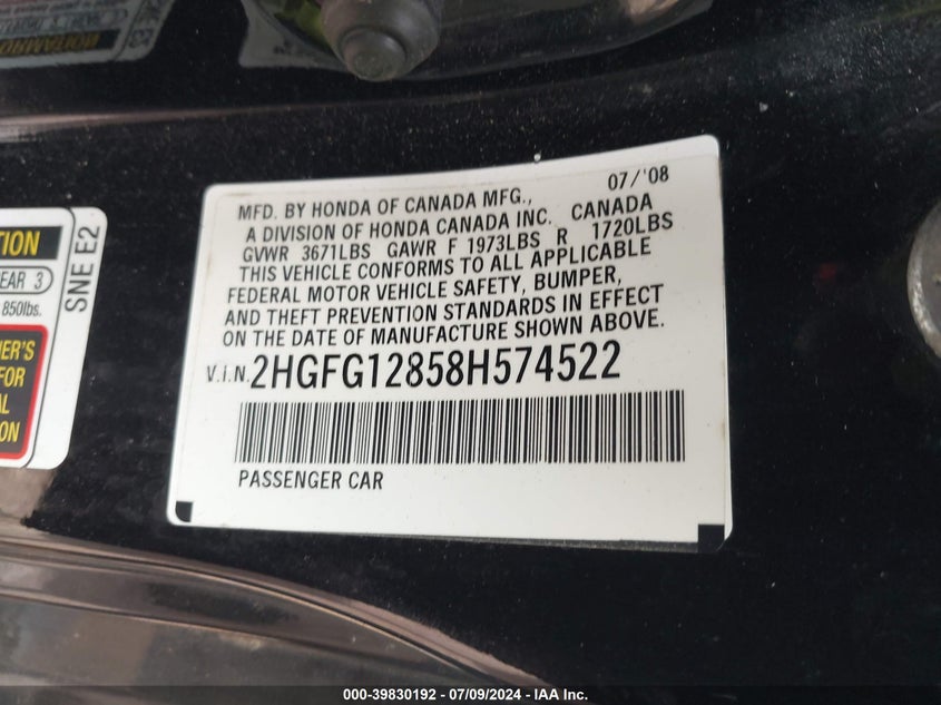 2008 Honda Civic Ex VIN: 2HGFG12858H574522 Lot: 39830192