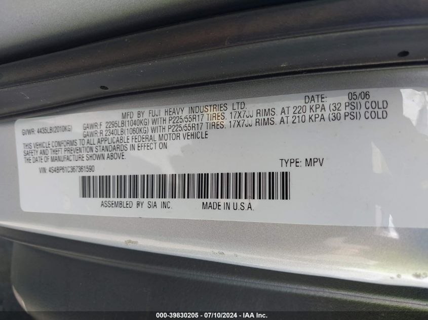 2006 Subaru Outback 2.5I VIN: 4S4BP61C367361590 Lot: 39830205