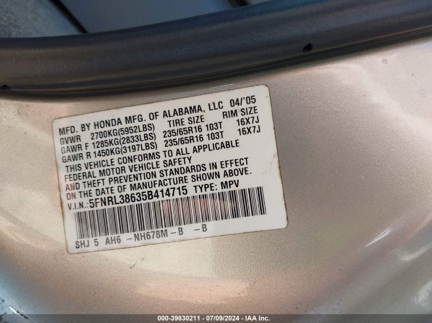 2005 Honda Odyssey Ex-L VIN: 5FNRL38635B414715 Lot: 39830211