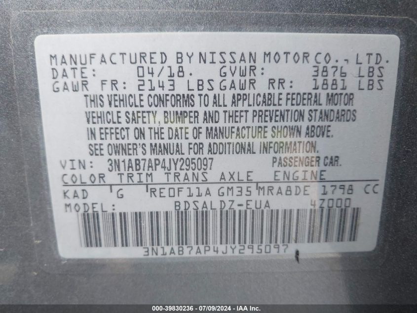 2018 Nissan Sentra Sv VIN: 3N1AB7AP4JY295097 Lot: 39830236