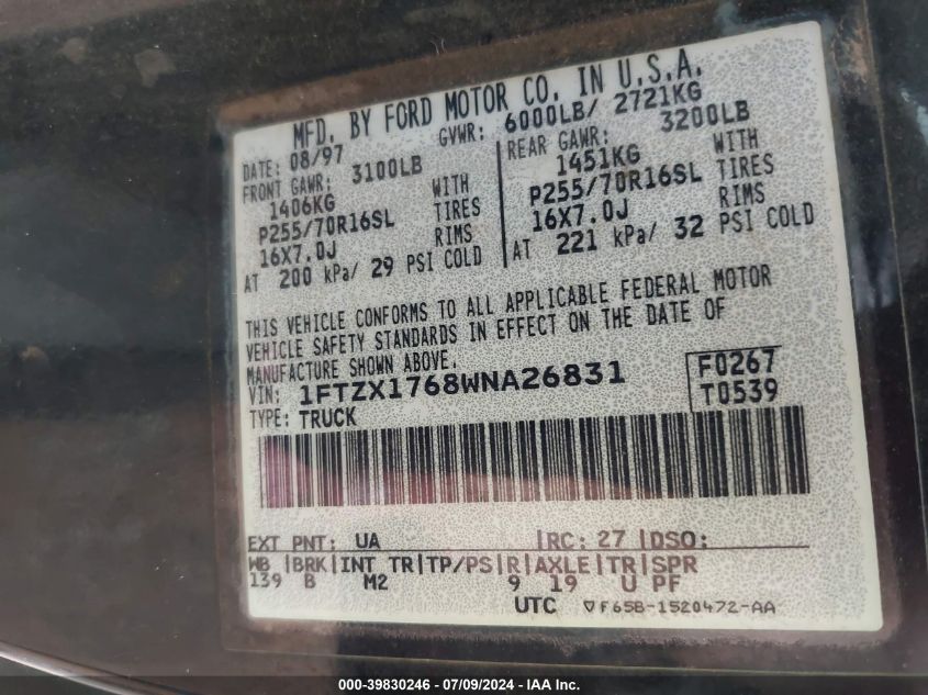1998 Ford F-150 Lariat/Standard/Xl/Xlt VIN: 1FTZX1768WNA26831 Lot: 39830246