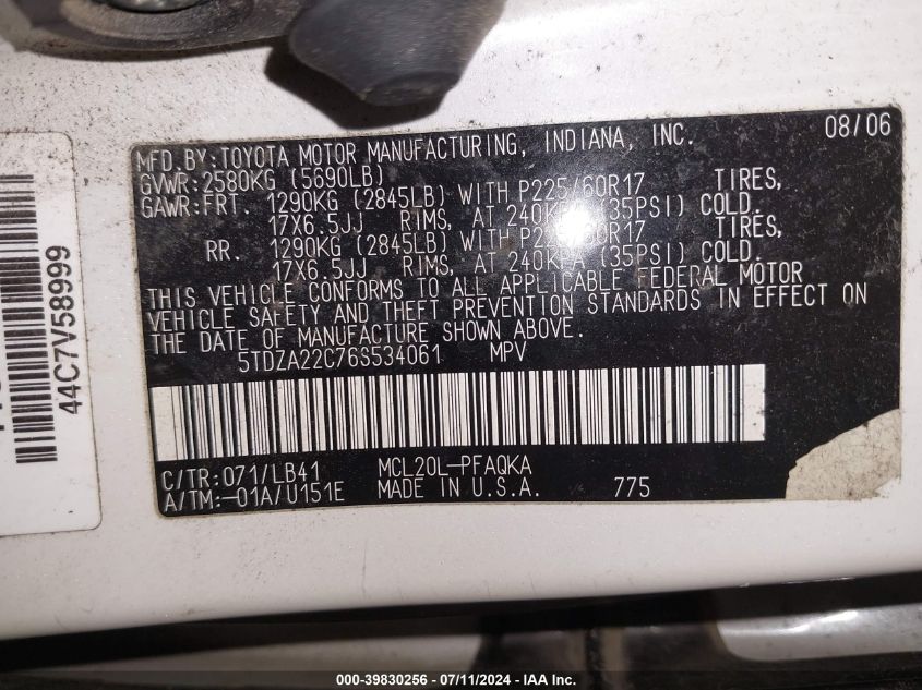 2006 Toyota Sienna Xle VIN: 5TDZA22C76S534061 Lot: 39830256