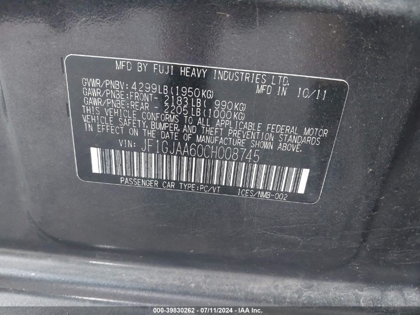 2012 Subaru Impreza 2.0I VIN: JF1GJAA60CH008745 Lot: 39830262