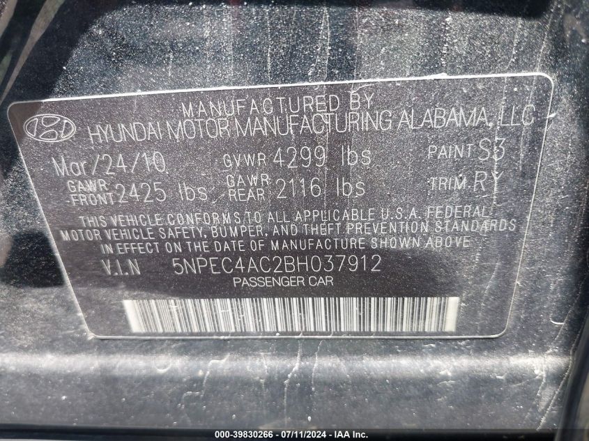 2011 Hyundai Sonata Limited VIN: 5NPEC4AC2BH037912 Lot: 39830266