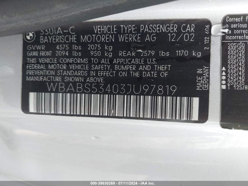 2003 BMW 330Ci VIN: WBABS53403JU97819 Lot: 39830269