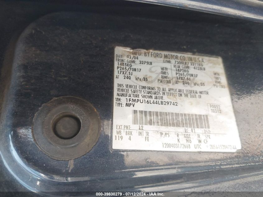 2004 Ford Expedition Xlt VIN: 1FMPU16L44LB29742 Lot: 39830279