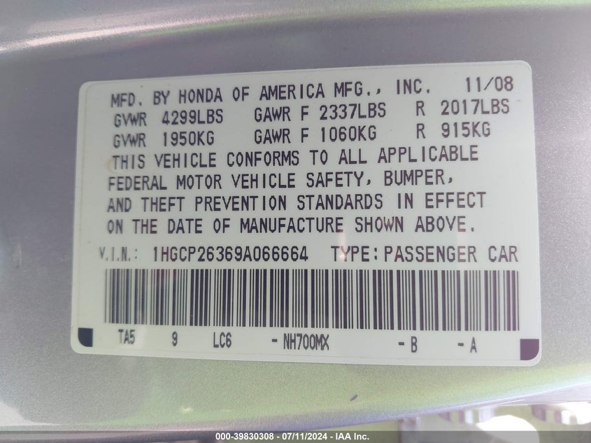 2009 Honda Accord 2.4 Lx VIN: 1HGCP26369A066664 Lot: 39830308