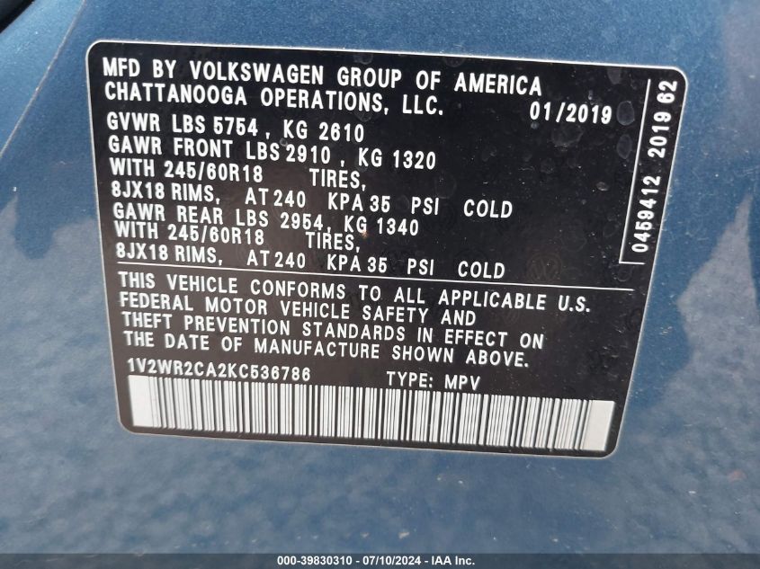 2019 Volkswagen Atlas 3.6L V6 Se W/Technology VIN: 1V2WR2CA2KC536786 Lot: 39830310