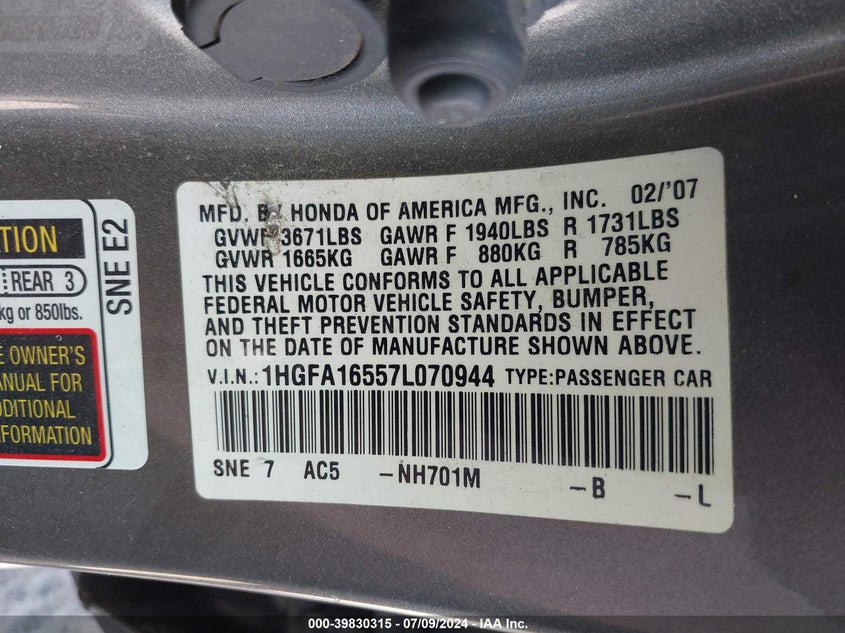 2007 Honda Civic Lx VIN: 1HGFA16557L070944 Lot: 39830315