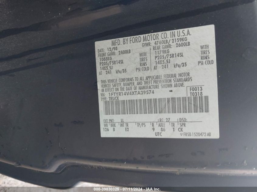 1999 Ford Ranger Xl/Xlt VIN: 1FTYR14V4XTA39574 Lot: 39830325