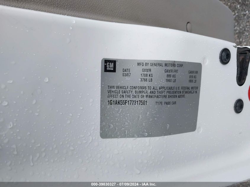 2007 Chevrolet Cobalt Ls VIN: 1G1AK55F177317501 Lot: 39830327
