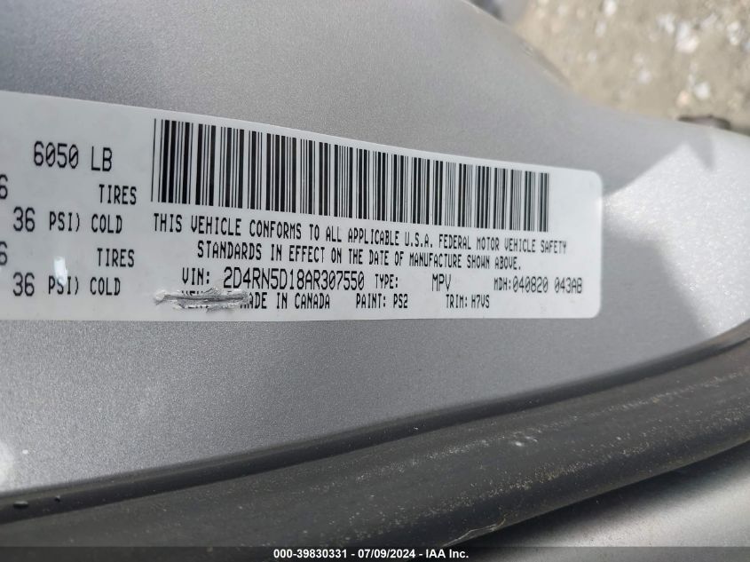 2010 Dodge Grand Caravan Sxt VIN: 2D4RN5D18AR307550 Lot: 39830331