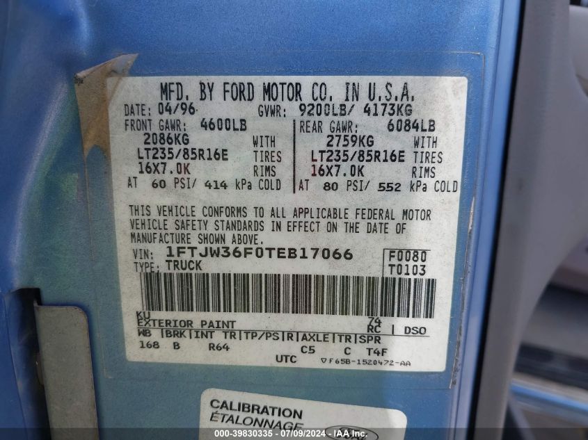 1996 Ford F350 VIN: 1FTJW36F0TEB17066 Lot: 39830335