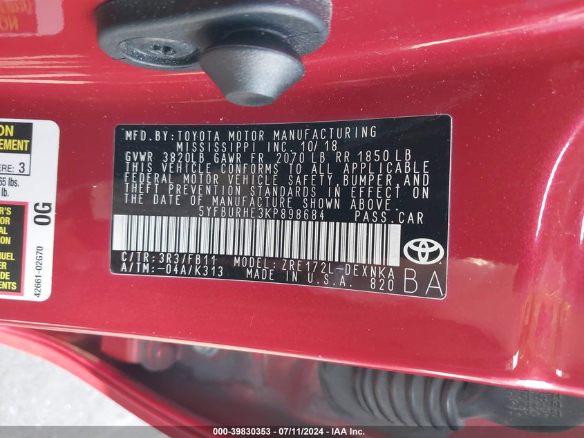 2019 TOYOTA COROLLA LE - 5YFBURHE3KP898684