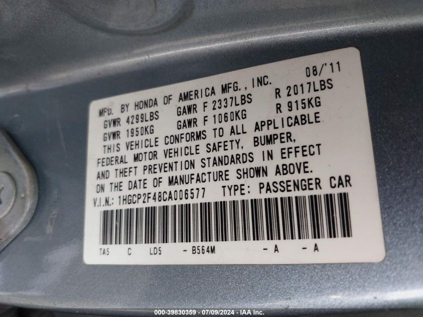 1HGCP2F48CA006577 | 2012 HONDA ACCORD