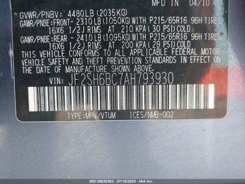 2010 Subaru Forester 2.5X VIN: JF2SH6BC7AH793930 Lot: 39830363