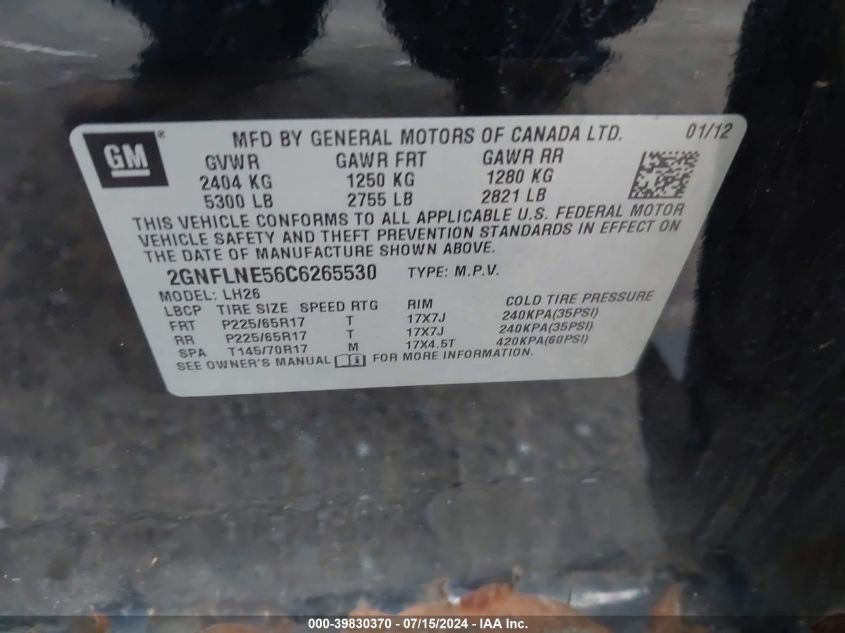 2012 Chevrolet Equinox 2Lt VIN: 2GNFLNE56C6265530 Lot: 39830370