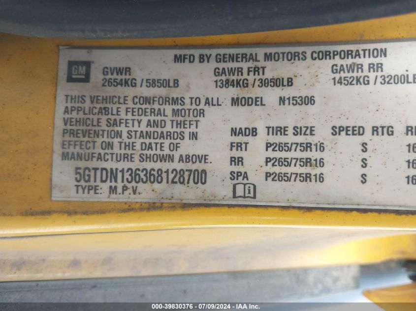 2006 Hummer H3 Suv VIN: 5GTDN136368128700 Lot: 39830376