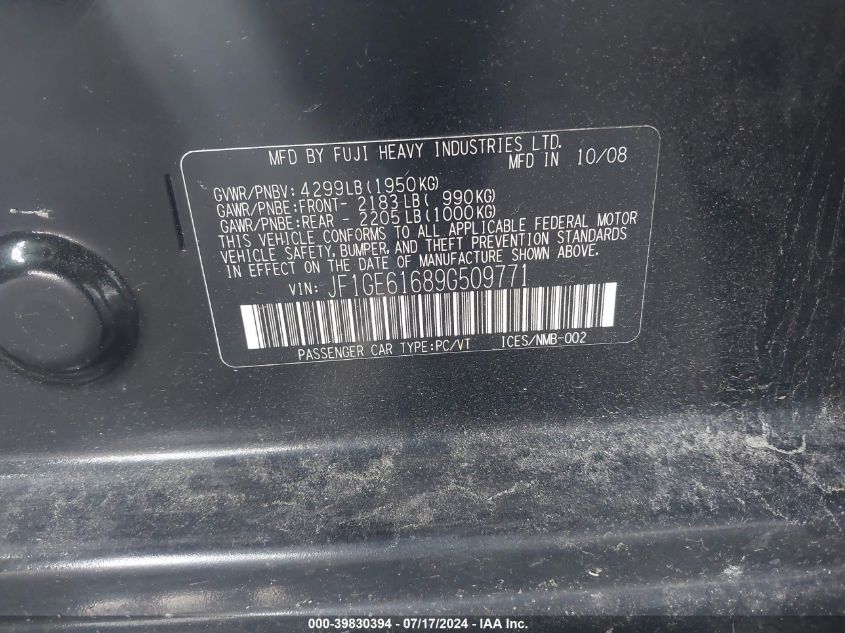 2009 Subaru Impreza 2.5I VIN: JF1GE61689G509771 Lot: 39830394