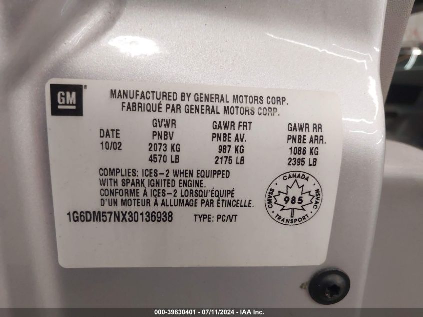 2003 Cadillac Cts Standard VIN: 1G6DM57NX30136938 Lot: 39830401